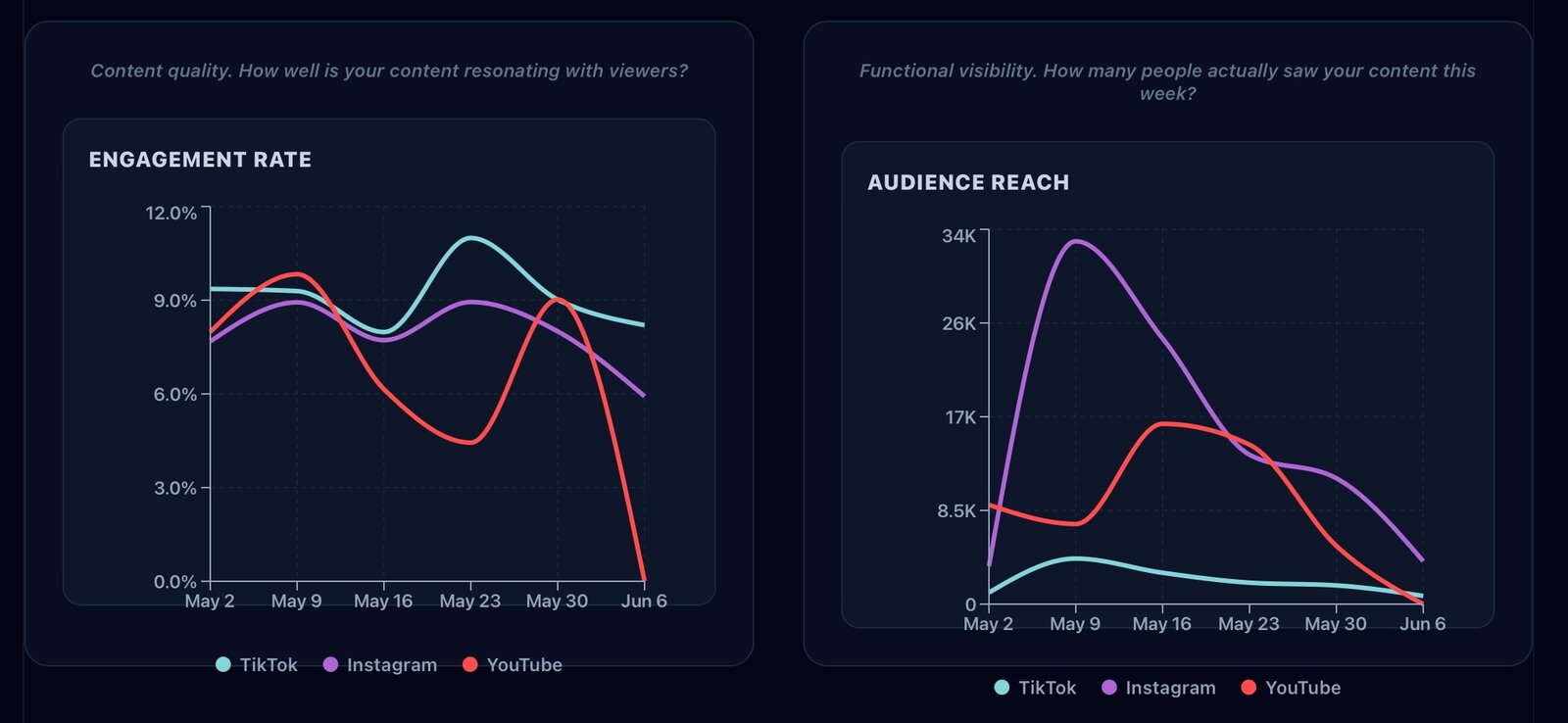 Ignite Music Data A&R dashboard preview — side-by-side charts showing weekly engagement rate and audience reach by platform (TikTok, Instagram, YouTube)